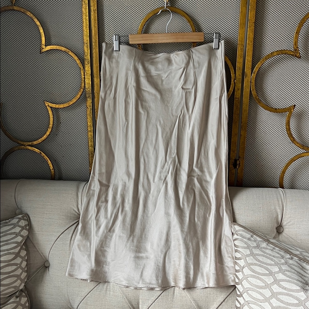 Quince Satin Midi Slip Skirt in Light Beige